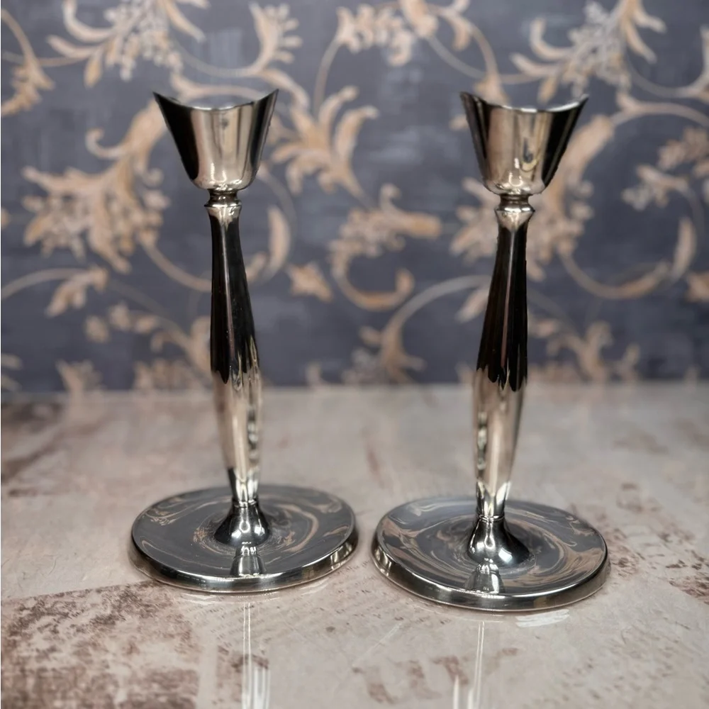 Pair of Sleek Silver Metal Candlesticks